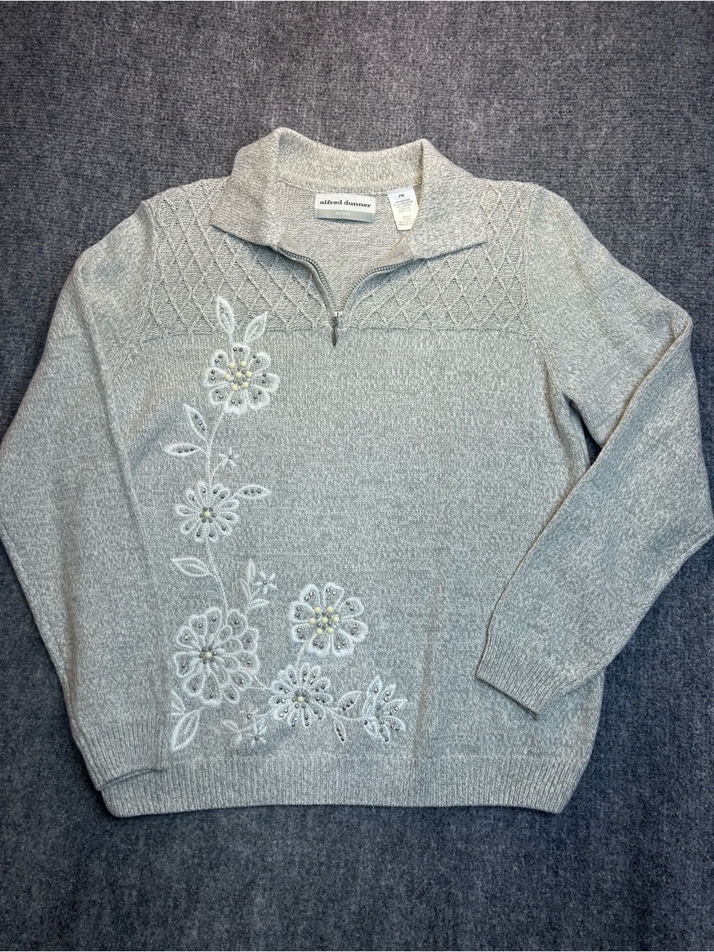 Alfred Dunner Gray Half-Zip Floral Embroidered Sweater